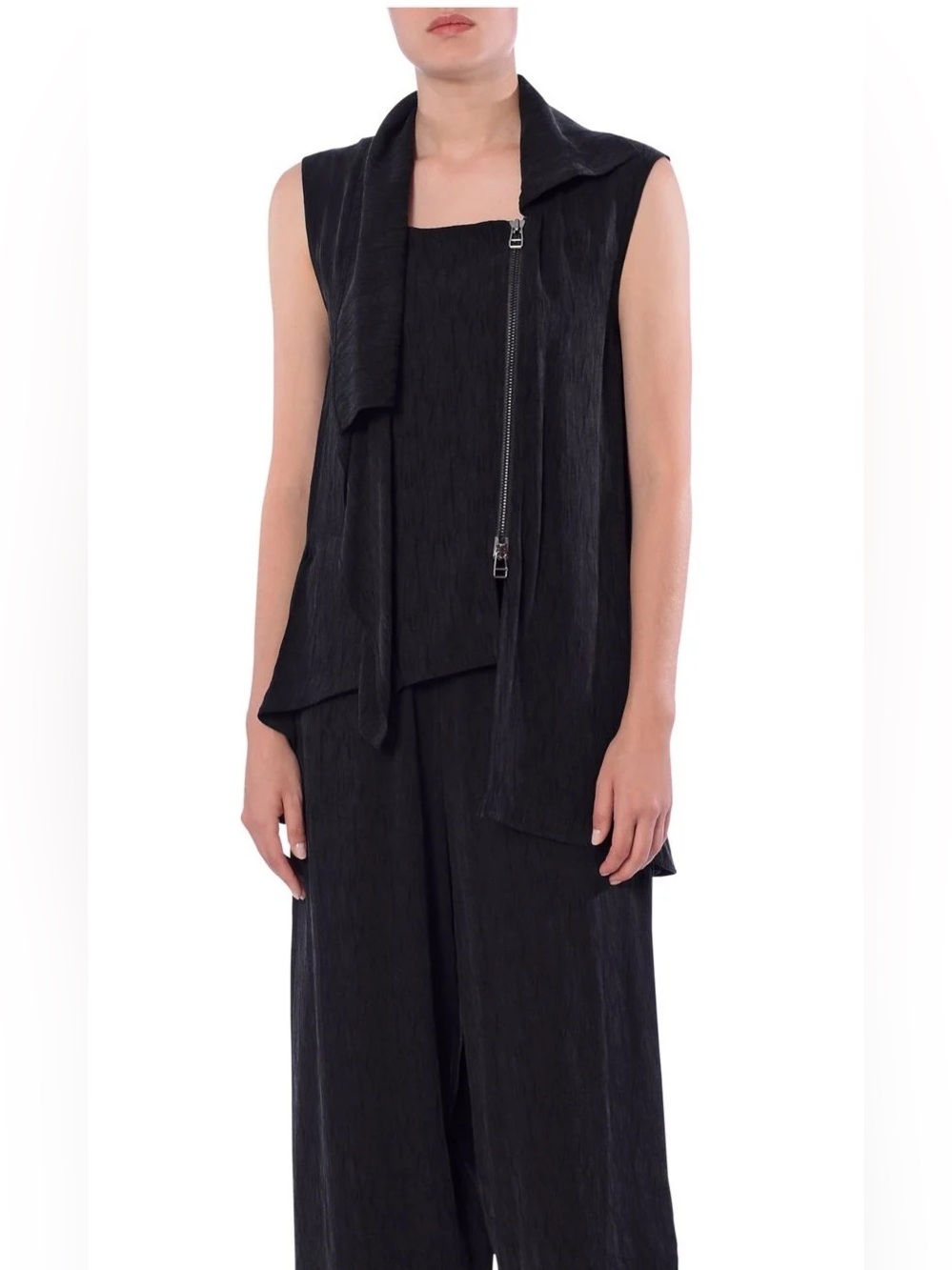 CREA Concept $322 Black Lagenlook Asymmetric Zip Vest Top Sz 42